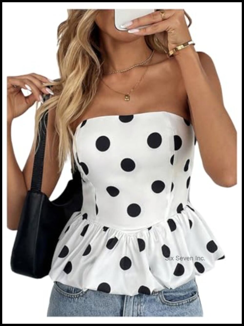 Polka Dot Strapless Peplum Tube Top Bubble Hem Shirred Back Womens